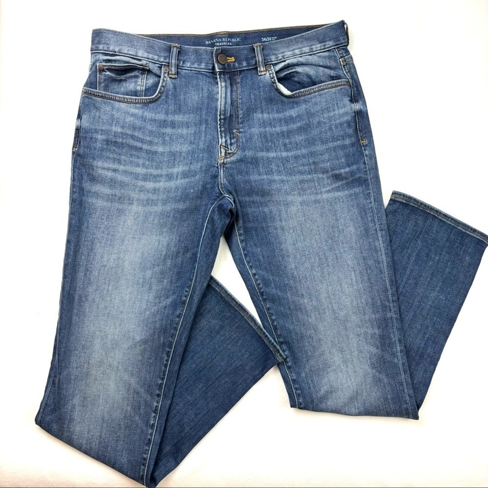 Banana Republic Med Blue Whisker‎ Faded Slim Straight Stretch Jeans 34/34